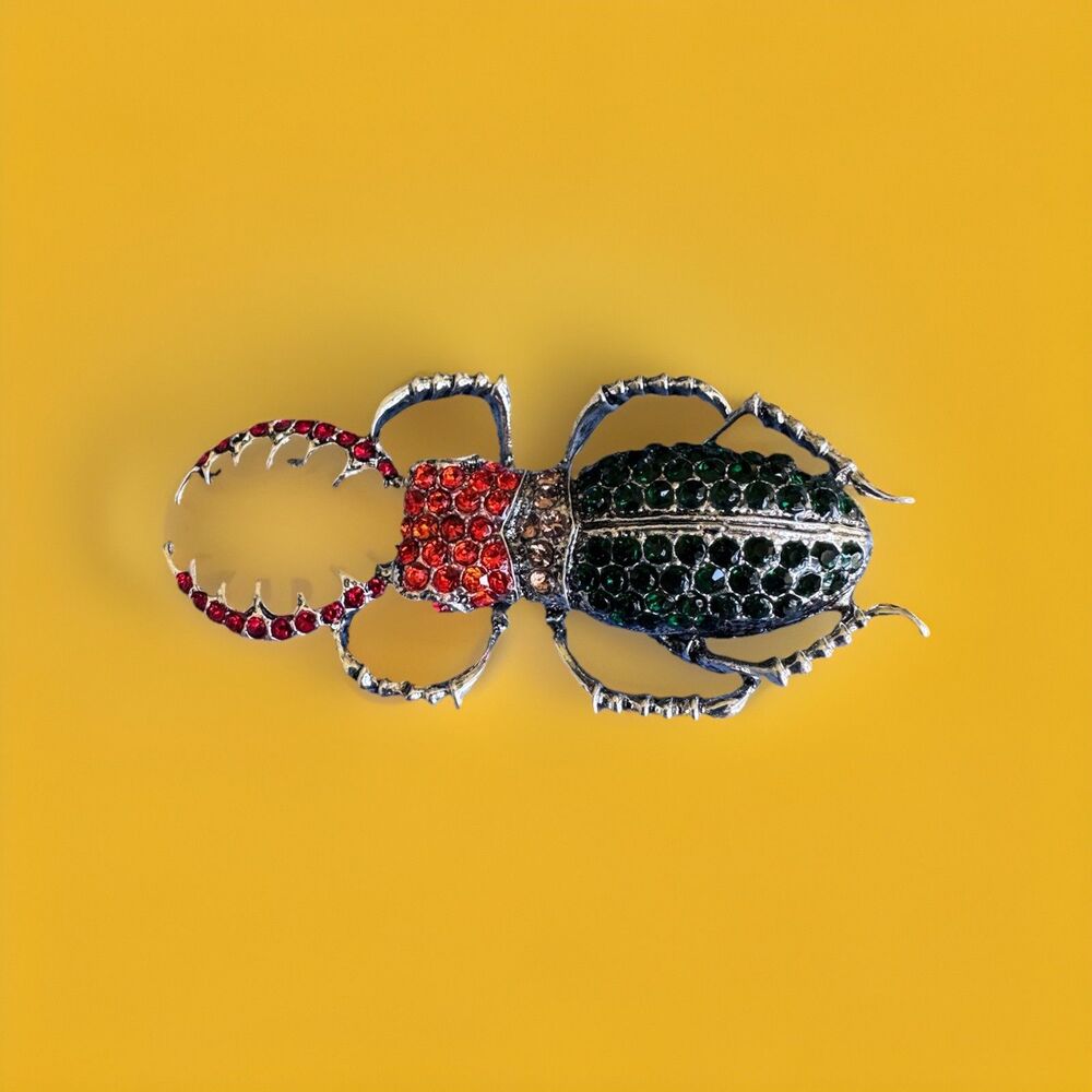 Stag Beetle Brooch Pave Rhinestone Emerald Green Red Orange Silver Tone Pin 3"